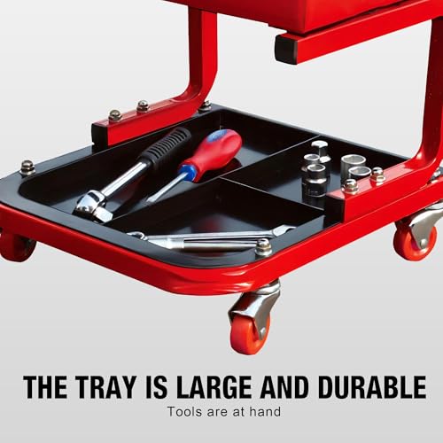 Big RED Rolling Mechanic Stool | 360° swivel casters; 250-lb steel frame; 3-zone tool tray; 14" waterproof padded seat; for garages, auto shops & DIY
