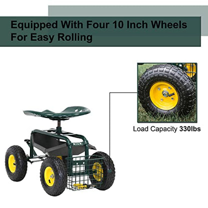 Kinfant Rolling Garden Cart with Seat - Garden Scooter Rolling Stool Gardening Cart with Tool Storage Basket & Swivel Seat - color: Green&yellow