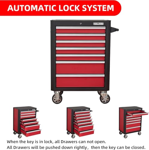 Upgrade 7-Drawer Rolling Tool Chest with Locking Wheels & Drawers, 18.5" D x 27.9" W x 39.5" H Mobile Tool Storage Cabinet, Heavy-Duty Garage Organizer w/Ergonomic Handle - color: Red and White