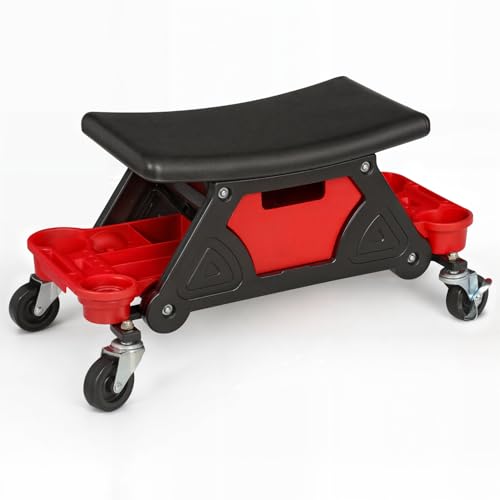 Magshion Garage Creeper Seat with Built-in Storage Drawer & Tool Holder – Durable Plastic Rolling Mechanic Stool with Wheels, 300 Lbs Capacity for Workshop & Auto Repair (Red)