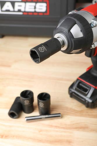 ARES 59013-5-Piece Damaged Lug Nut Remover Socket Set - 17, 19, 21, and 22mm Sockets, 12mm Steel Bar – Twist Lug Nut Extractor Tool– Storage Case