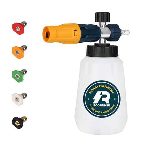 Sooprinse Foam Cannon with 1/4 Inch Quick Connector, Heavy Duty Car Foam Blaster Wide Neck Adjustable Snow Foam Lance for Pressure Washer, 5 Pressure Washer Nozzle Tips, 1 Liter - color: Yellow+Dark Green