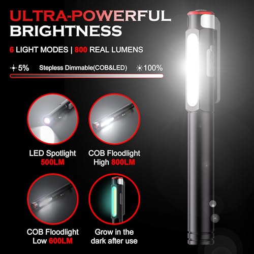 Rechargeable Pen Light, 800 Lumens LED Pen Flashlights 6 Modes COB Magnetic Flashlight with Clip Bright Pocket Flashlights Work Light Portable Waterproof Durable Penlight for Work Emergency - size: 5.39in