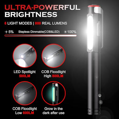 Rechargeable Pen Light, 800 Lumens LED Pen Flashlights 6 Modes COB Magnetic Flashlight with Clip Bright Pocket Flashlights Work Light Portable Waterproof Durable Penlight for Work Emergency - size: 5.39in