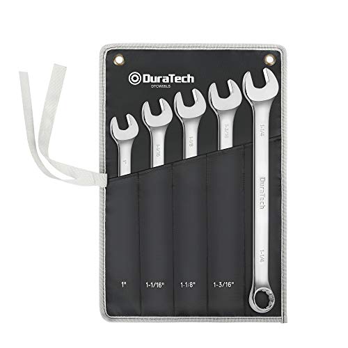 DURATECH Long Pattern Combination Wrench Set, SAE, 5-Piece, 1" to 1-1/4", 12 Point, CR-V Steel, with Rolling Pouch - size: SAE(1" to 1-1/4")