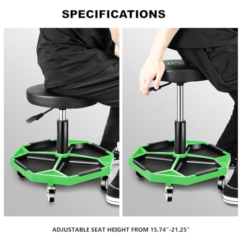 PM PERFORMOTOR Adjustable Height Pneumatic Garage Seat Rolling Mechanic Stool with Tool Tray Storage,300lbs Max Weight Capacity, Green,PM-TOL-ATS-GR - color: Green