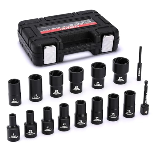 CASOMAN 16PCS 1/2" Drive Impact Bolt and Nut Extractor Socket Set, Stripped Lug Nut Remover Include Hex Shank Adapter & Pin Bar, for Removing Damaged Rusted Broken Rounded Fasteners off, CR-MO, Metric - size: 16-Piece