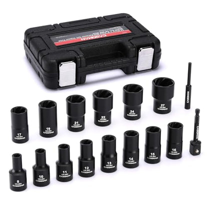 CASOMAN 16PCS 1/2" Drive Impact Bolt and Nut Extractor Socket Set, Stripped Lug Nut Remover Include Hex Shank Adapter & Pin Bar, for Removing Damaged Rusted Broken Rounded Fasteners off, CR-MO, Metric - size: 16-Piece