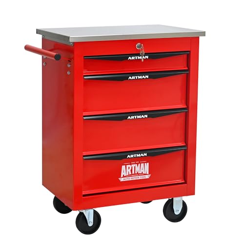 4 Drawers Tool Chest on Wheels, Stainless Steel Countertop Multifunctional Rolling Tool Storage Cart, Drawer Rolling Trolley Organizer Tool Box for Garage,Workshop(4 Drawers-Red) - color: Red, size: 4 Drawers 22.2"Wx13.58"Dx30.7"H