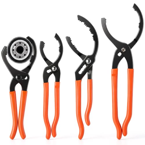 Lothee 4 Pieces Oil Filter Wrench Set, 10'' 12'' 14'' 16'' Oil Filter Pliers Adjustable Removal Tool Pliers for Cars, Trucks, Motorcycles Engine, Conduit, Fittings (Orange) - color: Orange