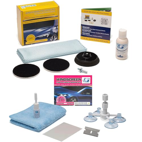 GLASS POLISH Complete Windshield Restoration Bundle, Set of DIY Polishing Kit and Repair Kit for Chips, Cracks, Fine Scratches, and Glass Clarity Restoration