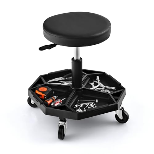 IRONMAX Rolling Mechanic Stool with Removable Tool Tray & Padded Cushion | Pneumatic Shop Stool with 4 Universal Wheels, Height Adjustable Roller Seat for Workshop Auto Repair, 330 LBS Max Load - color: Black, size: Bottom Tool Tray