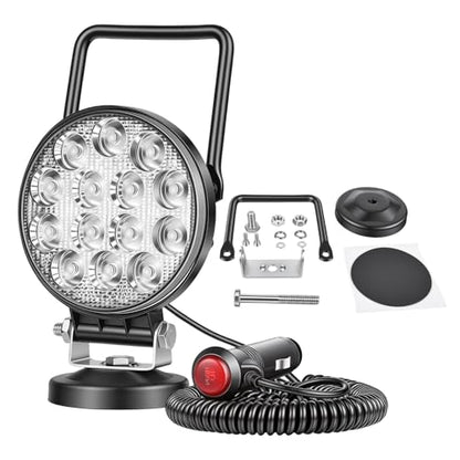 SKYWORLD Magnetic Mount LED Work Light, 2PCS 4 Inch 42W Round Flood Off Road Driving Fog Lamp 12V 24V with Portable Magnetic Base Holder for Truck Tractor Trailer Car Boat Engineering Vehicle - size: 2Pcs 4 Inch 42W Flood