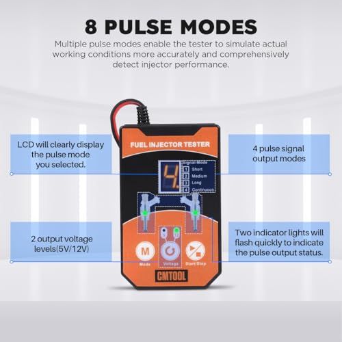 CMTOOL Fuel Injector Tester and Cleaner Tool Kit, Upgraded 6 Cleaning Adapters & 8 Pulse Modes, DIY Tool, Car Fuel Injector Cleaner Kit, 5V/12V Output Voltage Level