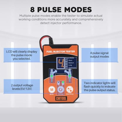 CMTOOL Fuel Injector Tester and Cleaner Tool Kit, Upgraded 6 Cleaning Adapters & 8 Pulse Modes, DIY Tool, Car Fuel Injector Cleaner Kit, 5V/12V Output Voltage Level