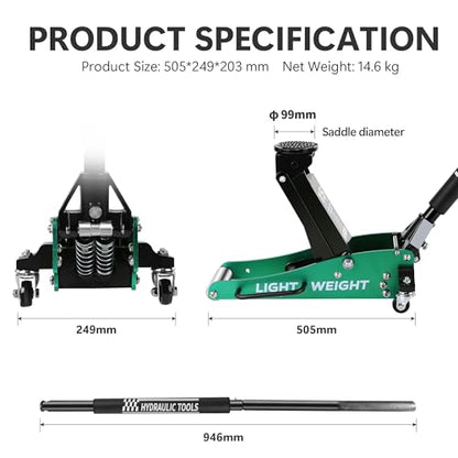 1.5 Ton Low Profile Racing Floor Jack, Aluminum and Steel Hydraulic Car Jack with Dual Piston Quick Lift Pump, 3,000 lb Capacity, Portable Garage Jack for Cars and Low Clearance Vehicles,Green - color: Green