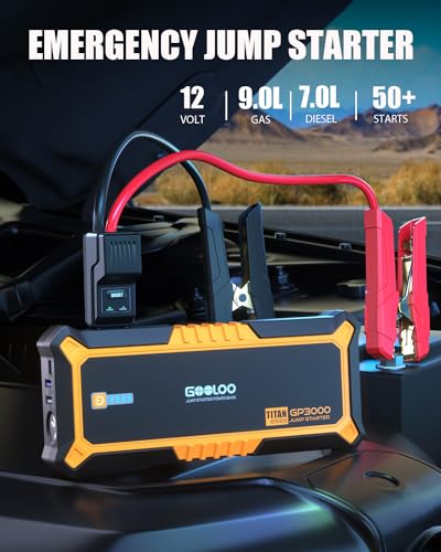 GOOLOO GP3000 Jump Starter, 3000A Lithium Jump Box (9L Gas or 7L Diesel) | 3-in-1: 3000A Lithium Jumper Box - 16,000mAh Capacity - 150W DC Output - 3 Modes LED Flashlight - color: Yellow