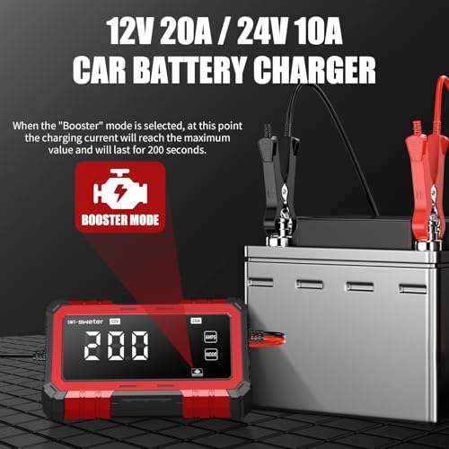 20A Smart Car Battery Charger & 12V/24V Maintainer with 200s Booster -Adjustable Amp Trickle Charger for Lead-Acid, AGM, Gel, LiFePO4 Compatible with 12.6V Lithium-Ion (NMC)