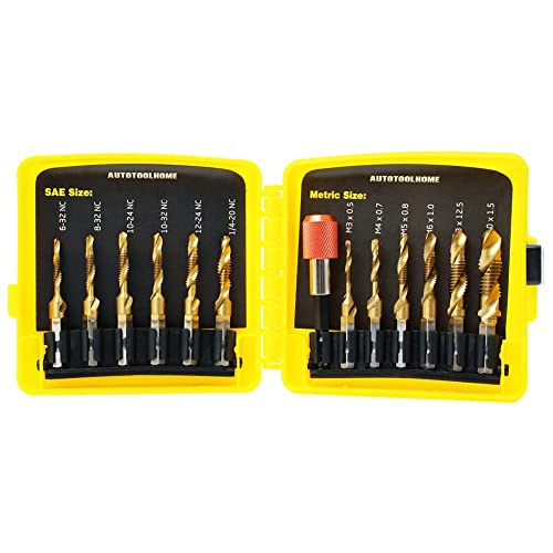 13 Pack Titanium Drill Tap Bit Set, SAE Metric Tap Drill Bits for Metal | Combination Tap Drill Bits for Drilling, Tapping, Deburring and Countersinking Screw Thread with Quick Change Bit Holder