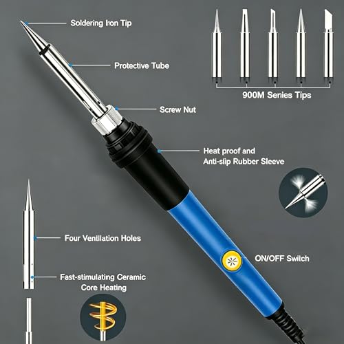 60W Soldering Iron Kit, 110V Soldering Iron with 5pc Interchangeable Tips and Solder Wire,Fast Heating,Adjustable Temperature Solder Welding Tools,Solder Wire for Variously Electronic Repair