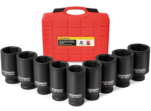 DAYUAN 9 Pcs Axle Nut Hub Impact 1/2" Drive Deep Impact Socket Set | 29 30 31 32 33 34 35 36 38mm, 6-Point Design，Locking Hole，For Axle Nut Removal，Fits Most Vehicles, Storage Case, Cr40 Steel