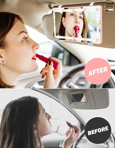 JOYTUTUS Car Sun Visor Vanity Mirror, Car Mirror with 3 Light Modes & 60 LEDs, Rechargeable, Touch Control, Universal Fit - color: Pink