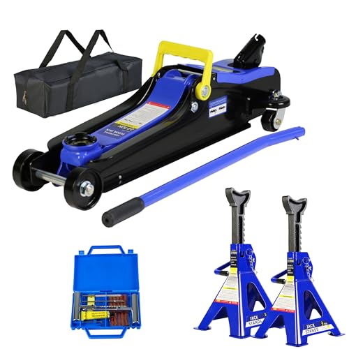Floor Jack, 2 Ton Low Profile Floor Jack, 3t Jack Stand Tire Repair Kit Heavy Duty Steel Racing with Single Piston Quick Lift Pump, Lifting Range (Black+Blue) - color: Black+Blue