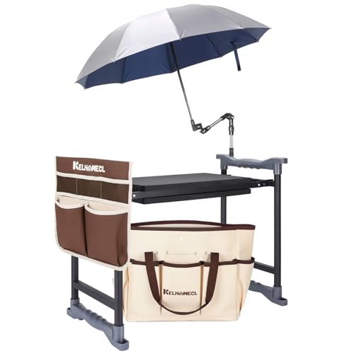 Garden Kneeler and Seat with Umbrella, 2-in-1 Foldable Gardening Stool with Adjustable Bracket, Detachable Tool Bags, Heavy Duty Kneeling Pad for Gardening (Brown) - color: Beige & Brown