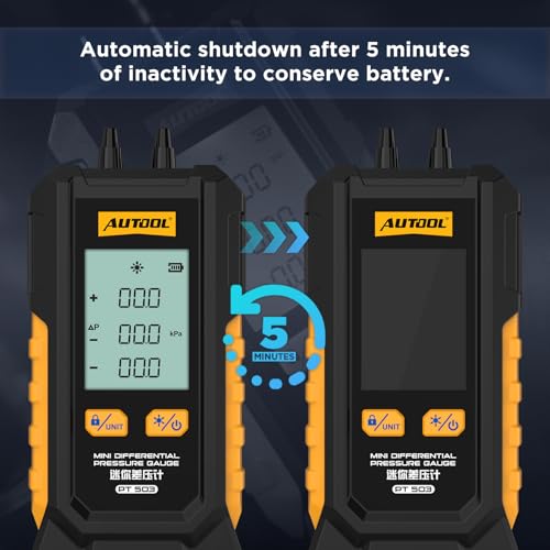 AUTOOL Manometer Gas Pressure Tester, Digital Manometer HVAC, 6 Units Differential Dual Port Pressure Gauge -101 to 200Kpa, Data Zeroing with Backlight LCD Display