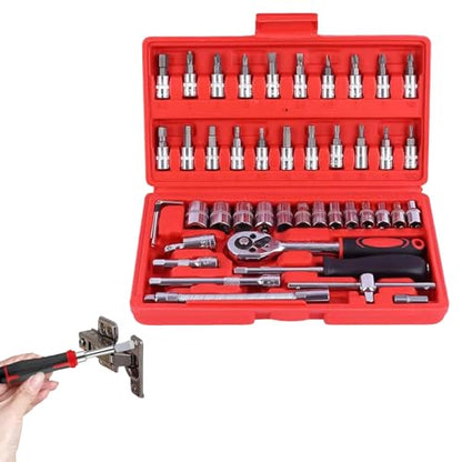 Electric Ratchet Set – 3/8 Drive Wrench Kit, 46-Piece Hand Tool Collection | Multi-Purpose Mechanic Equipment for Automotive, Marine, DIY and Home Projects - color: Red