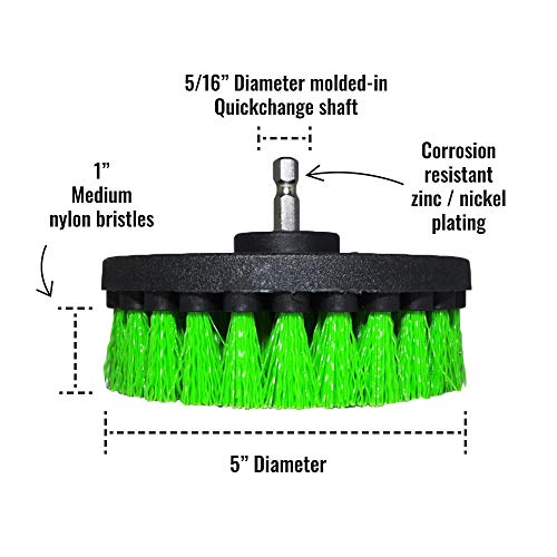 Premium Drill Brush Professional – Medium-Stiff 5 in Green Set of 3 | Scratch-Free Kitchen Cleaning Brush for Ovens, Hobs, Worktops, Floor Tiles, Linoleum and Greasy Cookware - color: Green