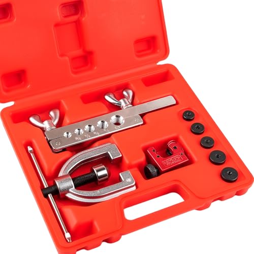 Brake Line Flaring Tool Kit with 5 Adapters, Flare Tool Kit with 45 Degrees, Double & Single Flaring Tool Kit for Brake Line, Brass Tubing, Copper and Aluminum