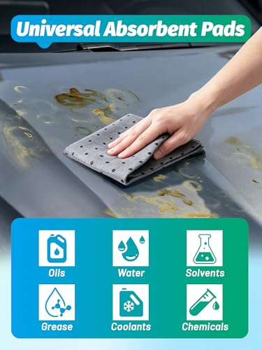 13"x9.8" Oil Absorbent Pads 10 Pack, Water Absorbent Mat, Trimmable Absorbent Sheets for Garage, Automotive, Workshop, Handles Oil, Coolant, Water & Chemicals