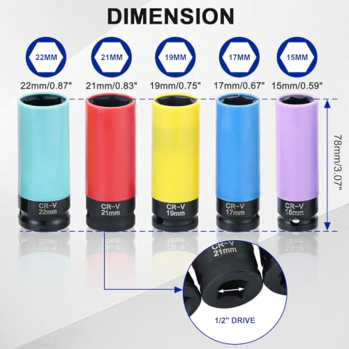 DASBET 5PCS Impact Lug Nut Socket Set 1/2 Inch Drive 15 17 19 21 22mm | Wheel Protector Impact Socket Set 6 Point Non-Marring Thin Wall Wheel Protector Nut Socket, Color-Coded Metric