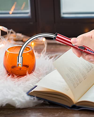 VEHHE Lighter, Rechargeable Candle Lighter Camping Lighters with Safety Switch Flexible Neck LED Battery Display, Arc Long Lighters for Candle Cooking BBQs Fireworks - color: Red