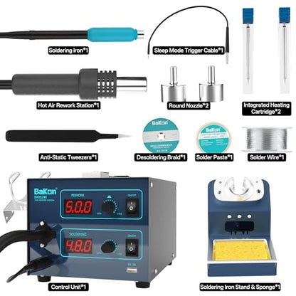 BAKON 852MX C210 Soldering Station,1000W Hot Air Rework Station with Digital Display, Precise Temp Control, ESD Safe Solder Station for SMD, BGA, PCB Electronics Repair (Includes Nozzle Kit) - color: Grey