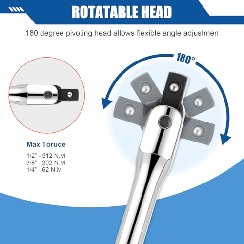 11Pcs Breaker Bar Set | 1/4”, 3/8” and 1/2” Drive, 180 Degree Rotatable Head, 4 Socket Adapters and 1/4" Universal Joint, Cr-V