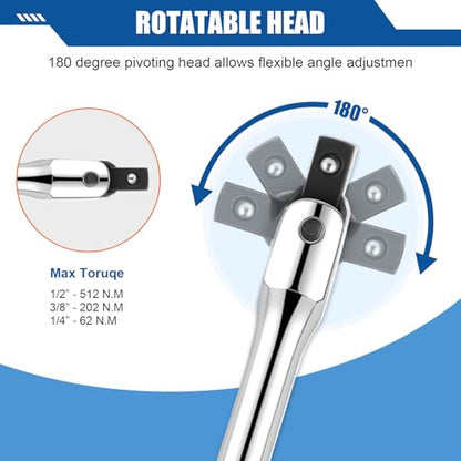 11Pcs Breaker Bar Set | 1/4”, 3/8” and 1/2” Drive, 180 Degree Rotatable Head, 4 Socket Adapters and 1/4" Universal Joint, Cr-V