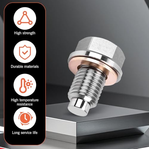 M12 x 1.25 Magnetic Oil Drain Plug, Magnetic Stainless Steel Oil Pan Drain Nut Bolt with 5 PCS Copper Crush Washer Anti Leakage, Universal Leak-proof Replacement,Fits Most Cars, Motorcycles, Boats - size: M12×1.25