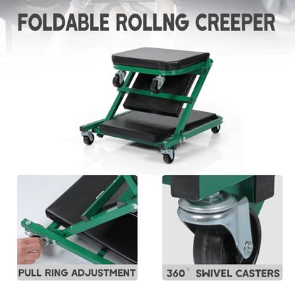 Foldable Z Creeper 2 in 1 Rolling Seat for Garage Shop Auto Repair | 40 inch Green Low Profile Creeper 330LBS Capacity - style: 40inch-Green