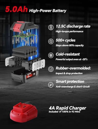 ROTAKE 20V Mid-Torque 1/2" Cordless Impact Wrench Kit, 880 FT-LBS, TB2 | 5.0Ah Battery, Brushless Motor, 3-in-1 Unibody Hammer Housing, Soft Start, Forward LED, 4A Rapid Charger, Hard Carrying Case - size: 1/2" (880 ft-lbs) TB2