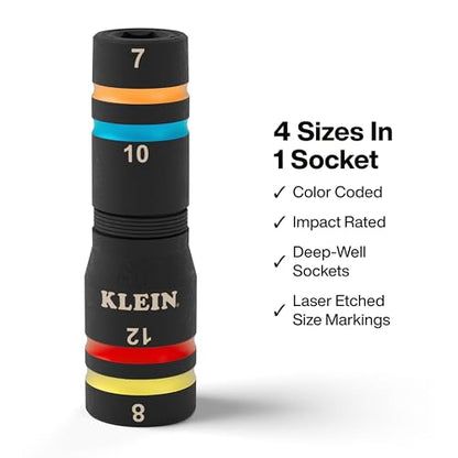 Klein Tools 652MQS Impact-Rated Quad Socket Set, 8 Sizes In 2 Flip Socket Drivers, 4-In-1 Color-Coded Heavy-Duty Multi Tool, 1/4-Inch Drive, Metric 7mm - 14mm, 6-1/2-Inch Extension Shaft - size: 8 Sizes, Metric