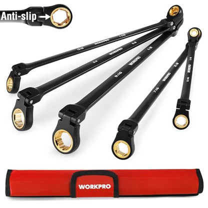 WORKPRO Extra Long Flex-Head Ratcheting Wrench Set, 5-piece Anti-Slip Double Box Wrenches Set, SAE 1/4-13/16 mm, 72-Teeth, Cr-V Steel and Black Electrophoretic Coating Wrenches with Rolling Pouch - size: SAE