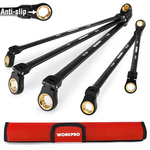 WORKPRO Extra Long Flex-Head Ratcheting Wrench Set, 5-piece Anti-Slip Double Box Wrenches Set, SAE 1/4-13/16 mm, 72-Teeth, Cr-V Steel and Black Electrophoretic Coating Wrenches with Rolling Pouch - size: SAE
