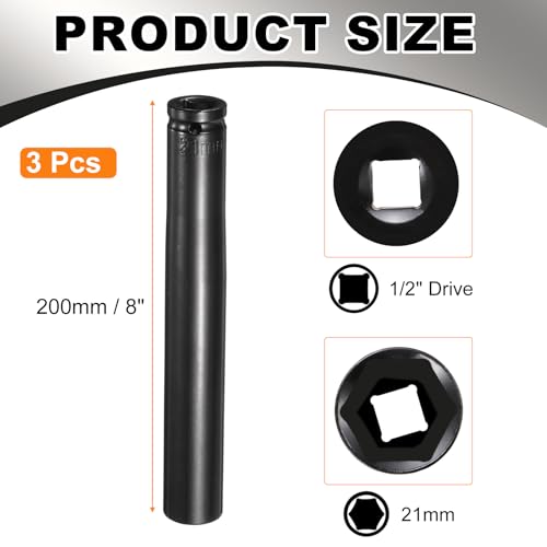HARFINGTON 3pcs 6-Point Deep Impact Socket 1/2" Drive 21mm Metric Socket 8" (200mm) Extra Long Heat-Treated 45# Steel for Home Auto Spindle Axle Hex Nuts Bolts Repair, Black - size: 21mm + 8" Long