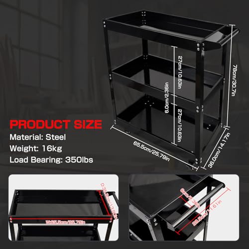 BHB 3 Tier Rolling Tool Cart Box On Wheels, Heavy Duty Capability Tool Cart for Mechanics, Large Storage Organizer Utility Cart, for Garage Warehouse Repair Shop, 350 Lbs Load - style: NO Drawer