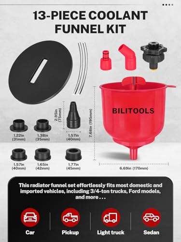 BILITOOLS Coolant Funnel Kit, Automotive Radiator Coolant Filling Tool | No-Spill Universal Radiator Cooling System Bleeding Burping Tool Kit with Vent Tube