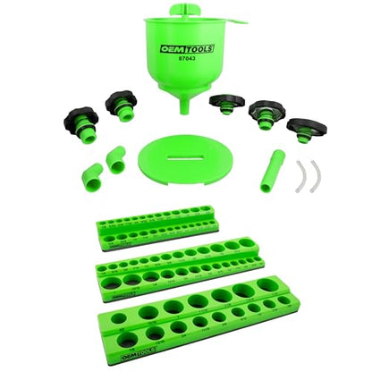 OEMTOOLS No-Spill Professional Quality Coolant Funnel Kit, 23-Pc Magnetic Socket Organizer, SAE Magnetic Socket Holder, Set Includes 5 Adapters, Extensions, and Automotive Funnel