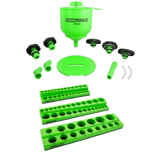 OEMTOOLS No-Spill Professional Quality Coolant Funnel Kit, 23-Pc Magnetic Socket Organizer, SAE Magnetic Socket Holder, Set Includes 5 Adapters, Extensions, and Automotive Funnel