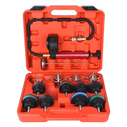 14pcs Automotive Cooling System Tester Radiator Pump Pressure Leak Tester Gauge Tool Kit,Coolant Pressure Tester Kit with Aluminum Hand Pump and Adapters - color: Red 3